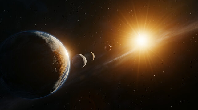 Planets and sun aligned in deep space with glowing light