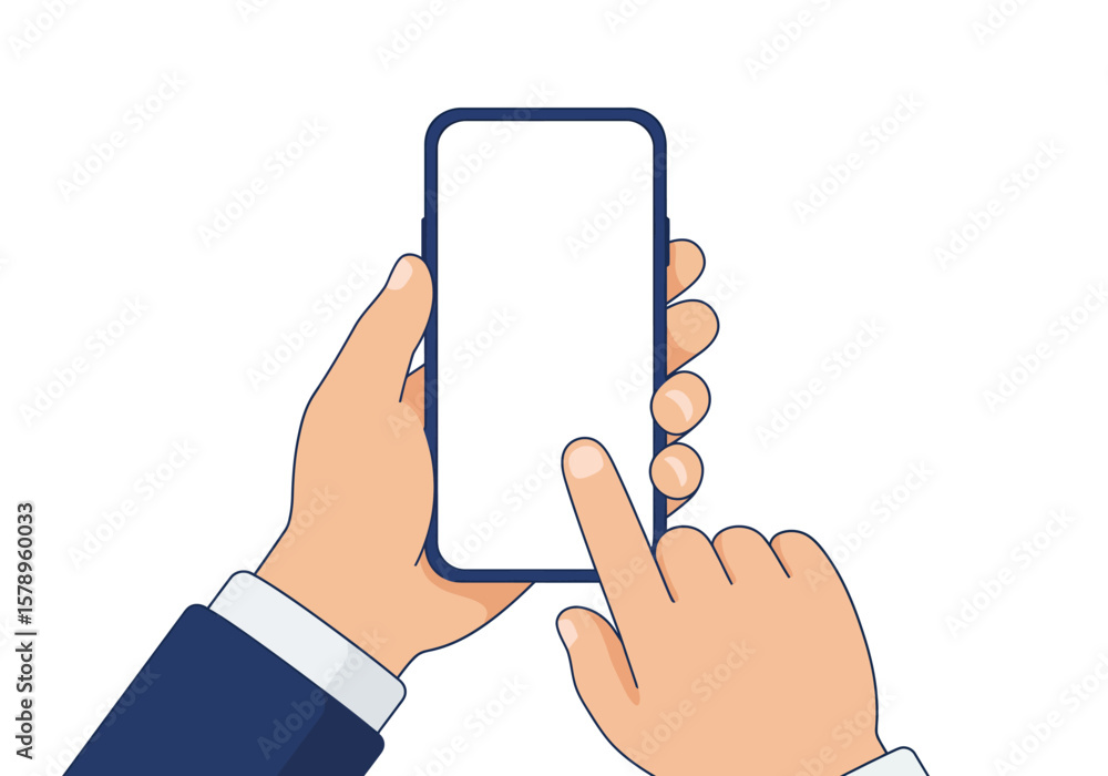 Poster close up of a person's hands holding a modern smartphone and touching the blank screen with their fi