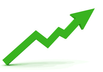 Illustrative representation of a positively trending upward arrow indicating growth progress and development in various sectors financial or economic concepts depicted graphically on a clean white bac