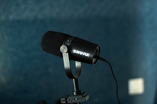 Tyumen, Russia-July 8, 2025: Shure A professional microphone is mounted securely on a stand, showcasing a sleek design