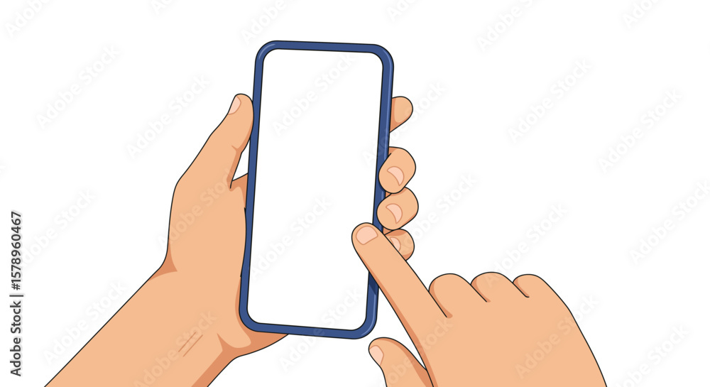 Poster hands holding a modern smartphone with a blank white screen displaying a finger interacting with the