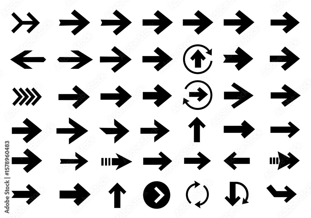 Poster a comprehensive collection of diverse arrow icon styles for digital user interface design and naviga