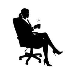 Coffee Break: A stylish silhouette of a businesswomen, seated comfortably in an office chair with crossed legs, leisurely enjoying a steaming cup of coffee.