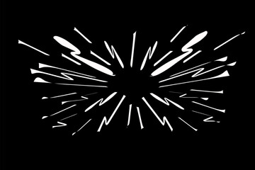 Dynamic white radial speed lines burst from the center on a black background. Perfect for comic book effects, motion graphics, and energetic designs.