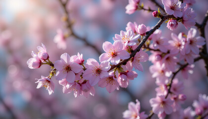 Naklejka premium Spring cherry blossoms in full bloom under the early morning sunlight. Close-up of pink pastel sakura flowers glowing softly with dreamy bokeh. Branch full of fresh sakura blossoms. Beauty of nature
