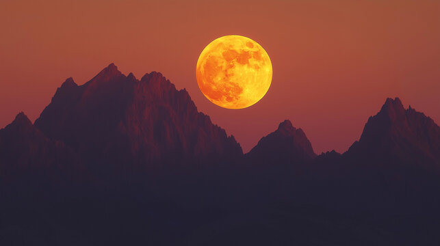 Full orange moon rising behind dark mountain peaks - Powered by Adobe