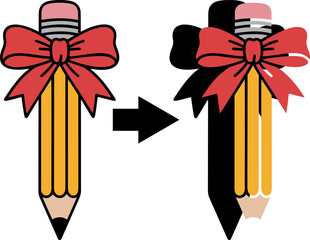 Cute yellow pencil with red bow in flat vector style