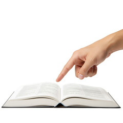Obraz premium Reading Education Book Opened with Hand and Finger on Transparent Background