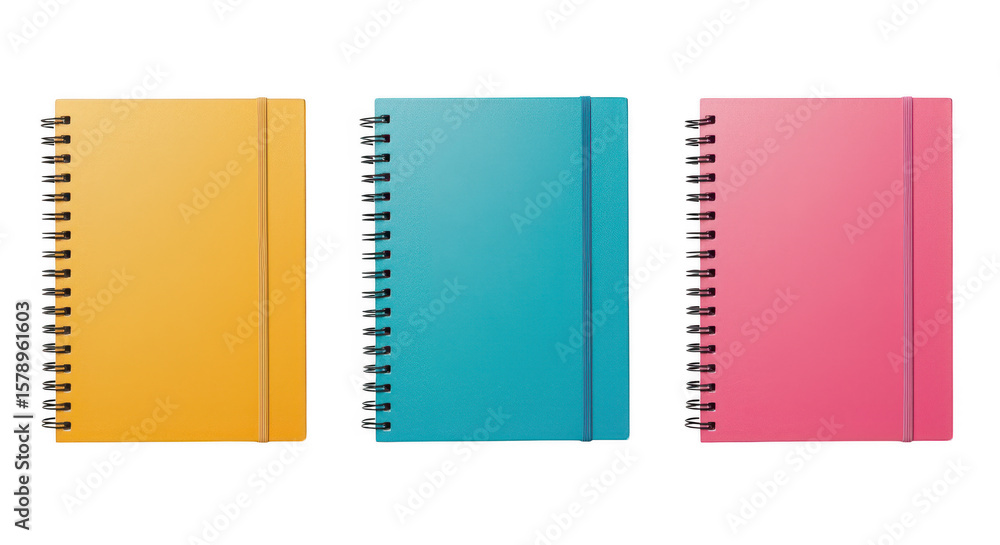 Aufkleber vibrant notebooks collection: a close-up shot features three colorful notebooks with a spiral-bound 