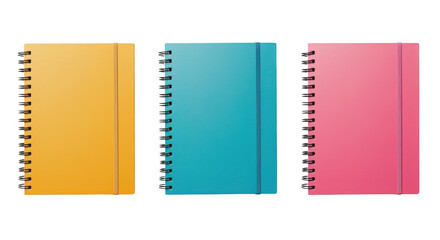 Vibrant Notebooks Collection: A close-up shot features three colorful notebooks with a spiral-bound and an elastic band.