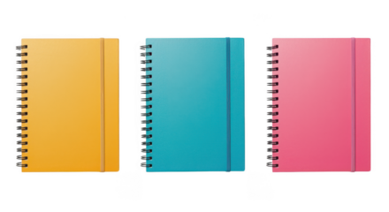Vibrant Notebooks Collection: A close-up shot features three colorful notebooks with a spiral-bound and an elastic band.