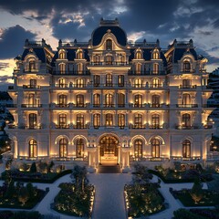 Obraz premium Photo of a luxurious hotel building illuminated at night with elegant architecture and stunning lighting effects