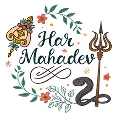 Har Mahadev Hindu Deity Lord Shiva Religious Art Spiritual Design Floral Wreath Snake Trishul Vector Illustration
