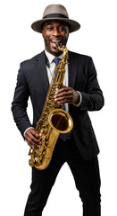 Smiling Musician Man in Suit Playing Golden Saxophone PNG Transparent