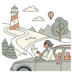 Road Trip Woman Driving Car Vector