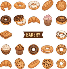 Create a kinds of deferent Bakery products colorful icons vector art with white background.