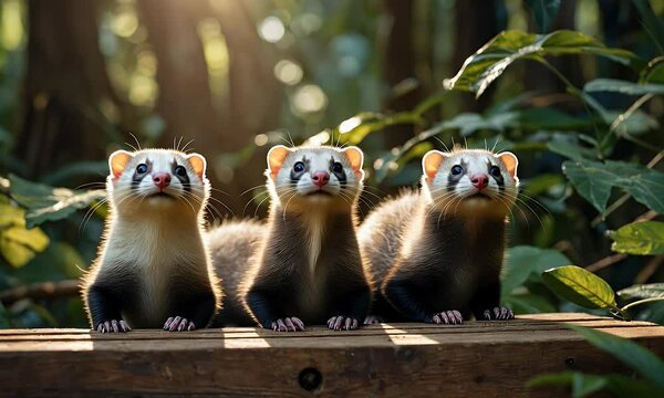 Three playful ferrets sitting on a wooden log in a lush green forest during golden hour