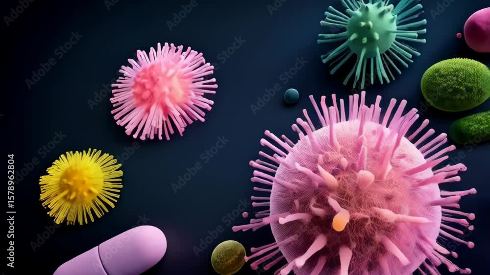 Poster diverse group of simulated microorganisms, virus particles, and capsule pills arranged on a dark bac