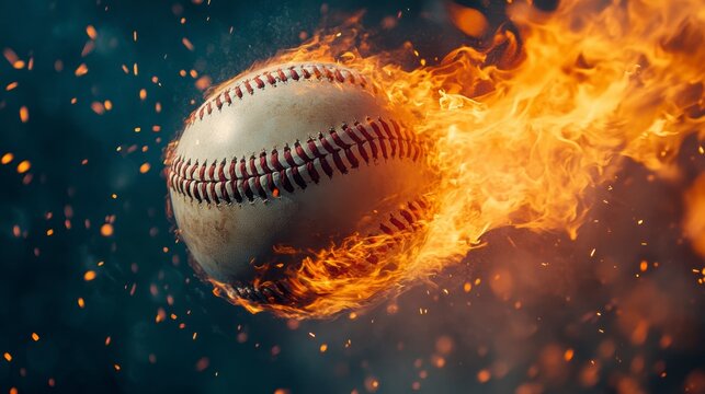 Flaming baseball in motion, sparks and fire trail.