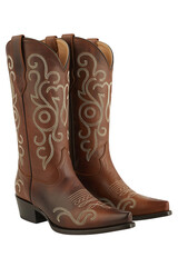 Pair of classic brown leather cowboy boots with intricate silver stitching on a white background