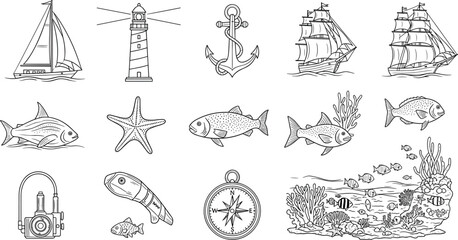 Marine Life, Nautical Elements line icon set. Vector pictograms of sea creatures, sailing, underwater exploration, sailboat, lighthouse, ship, anchor, compass, coral reef thin linear