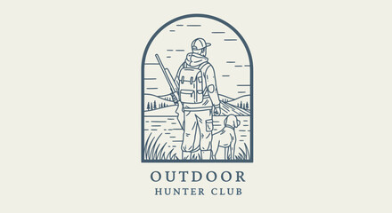 Obraz premium Line Art Illustration: Hunter with Dog, Backpack, and Rifle, Scenic Landscape Background