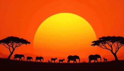 Vector art of African animals in silhouette style with glowing orange horizon and trees on both sides