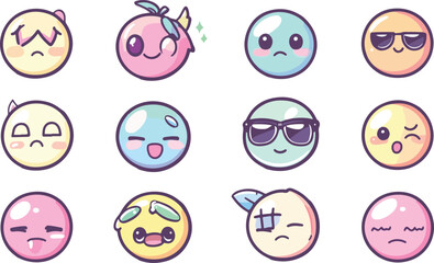 Cute Cartoon Emoji Set with Different Facial Expressions and Colors