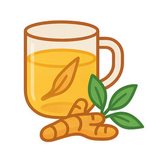 Pixel Art Glass Mug of Golden Turmeric Tea with Fresh Root and Leaves on Transparent Background Illustration