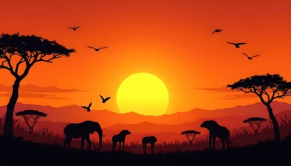 Scenic African sunset with detailed animal silhouettes, tropical vegetation, gradient sky and exotic birds