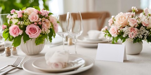 Elegant table setting with pink roses and place card for a special event