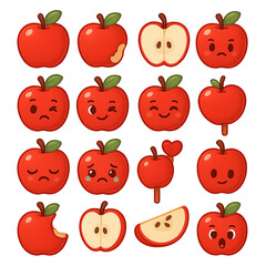 Sixteen Pixel Art Style Red Apples With Varying Expressions on Transparent Background Illustration