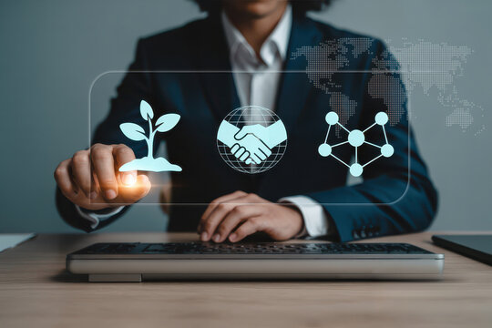 Businesswoman touching global growth sustainability and partnership icons on virtual screen interface