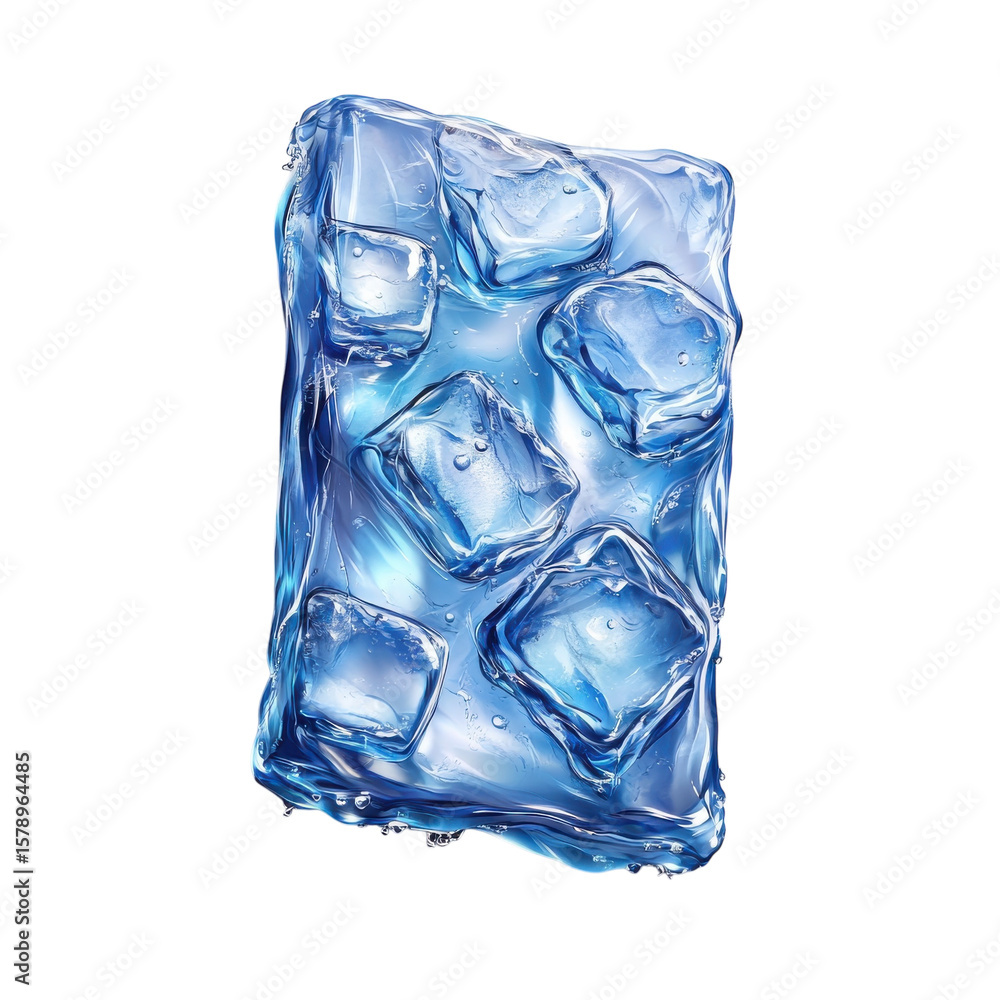 Poster refreshing ice block with trapped ice cubes cool summer cold drink concept on transparent background