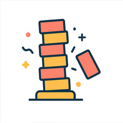 Tower of Orange and Yellow Blocks with Imminent Collapse in Bright Illustration on Transparent Background
