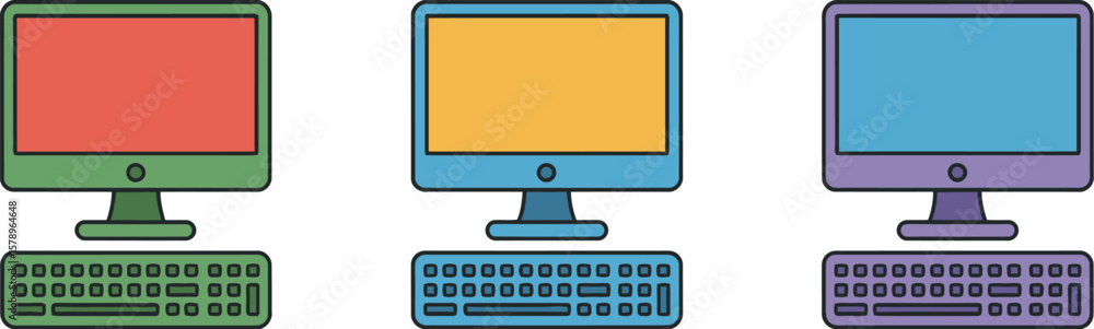 Poster colorful computer set desktop pc vector illustration graphic design technology work station isolated
