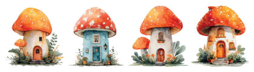 Watercolor set of cute mushroom houses. Forest fantasy houses in the shape of a mushroom. Concept of fairy-tale forest houses. Natural autumn elements for children's designs. Vector illustration.