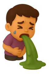 Cartoon Boy with Dark Brown Hair Vomiting Green Liquid Symptom of Nausea Illustration Transparent Background