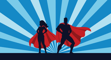 A dynamic silhouette of a superhero couple with flowing capes against a blue radial background, symbolizing power, strength, and heroic action