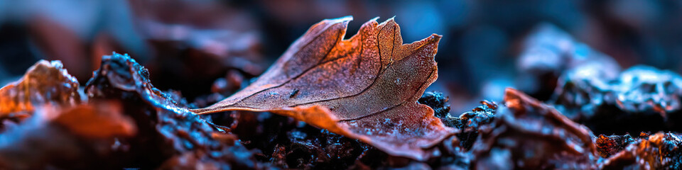 Single Brown Leaf on Dark Ground with Frost