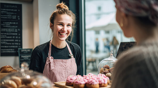 A smiling female barista wearing an apron serves a customer with pink frosted cupcakes in a cozy bakery shop. - Powered by Adobe