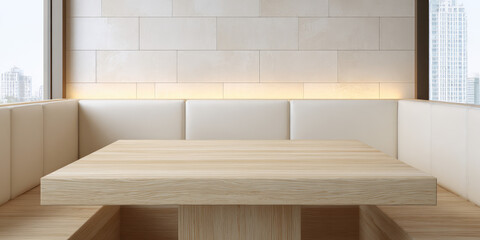 Fototapeta premium Minimalistic wooden table with surrounding seating, set in a modern room with cityscape view. Modern cafe interior with clean lines