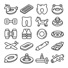 Fototapeta premium Collection of outline icons depicting various inflatable pool toys and swimming accessories, including a unicorn float, life vest, and airplane.
