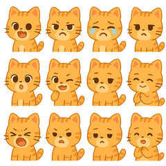 Collection of Pixel Art Orange Tabby Cat Emoticons on Transparent Background with various emotion and expressions