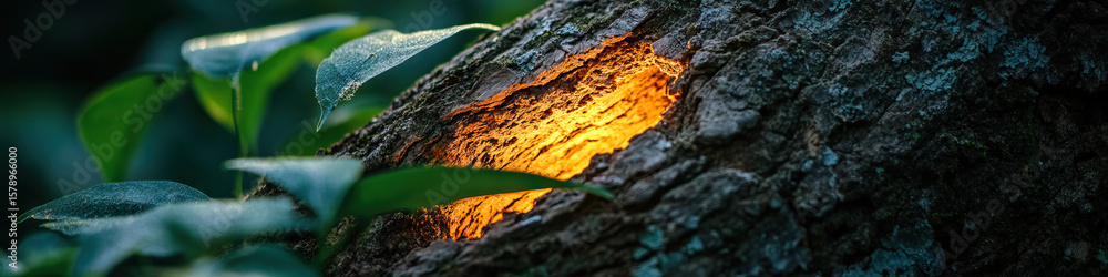 Aufkleber illuminated cavity in tree trunk with surrounding foliage
