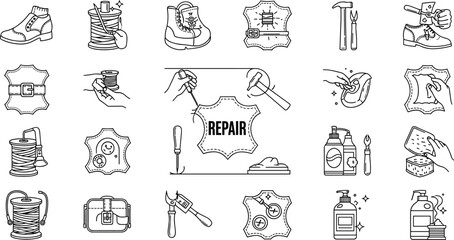 Leather and shoe repair service icon set featuring restoration, customization and maintenance tools. Footwear care, bag repair, handcraft, buckle and leathercraft process vector