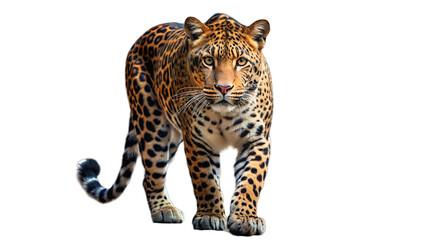 Obraz premium A majestic leopard with distinctive spots walks forward, isolated on a transparent background