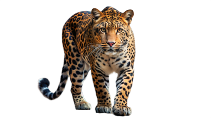 A majestic leopard with distinctive spots walks forward, isolated on a transparent background