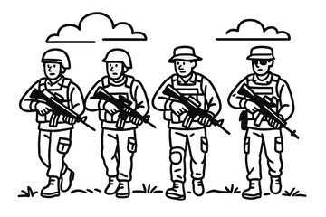 Line Art of Four Soldiers Walking with Rifles Under Cloudy Sky in Transparent Background