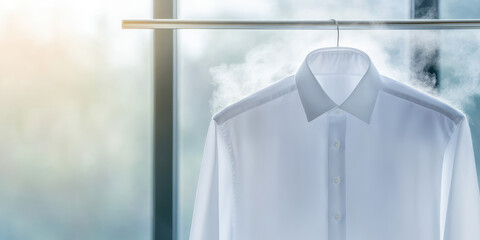 A white dress shirt is hanging on a rail, with steam rising around it. Clothing freshly steamed, clean appearance
